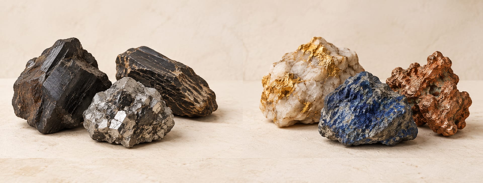 Mineral specimens representing tantalum, tin, tungsten, gold, cobalt and copper.