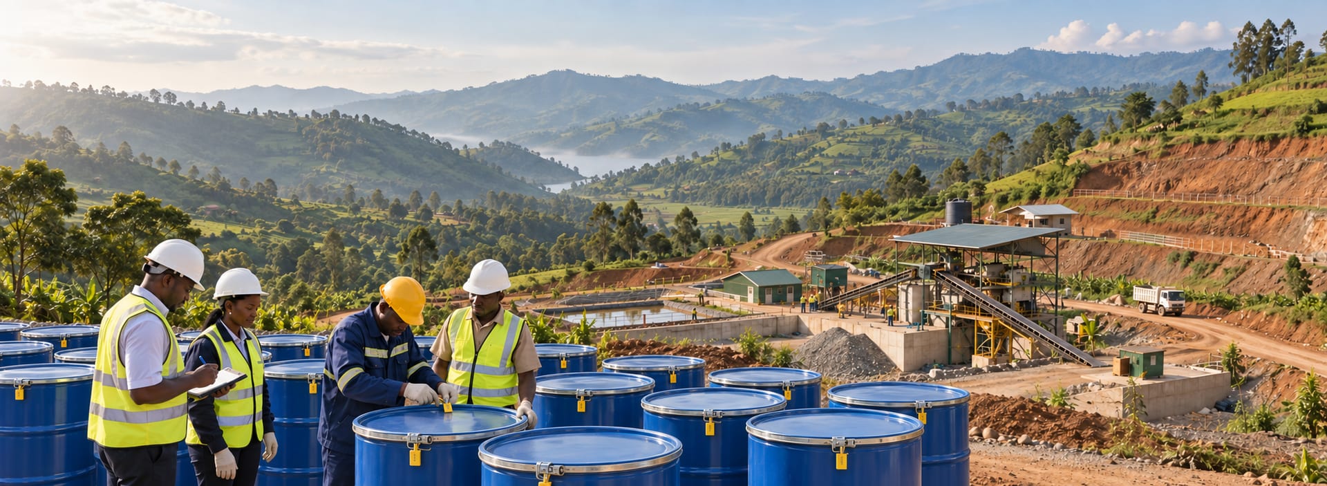 Rwandan mining professionals inspecting sealed mineral drums at a processing site in Rwanda’s mountainous landscape.